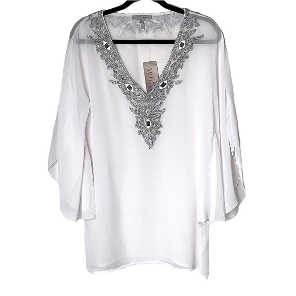 Anthropologie Silver Beaded Trim Sheer White Chiffon Flowy Dolman Sleeve Top M